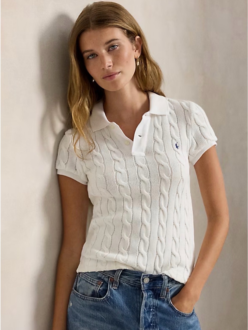 Polo by Ralph Lauren White Cable-Knit Polo Sweater
